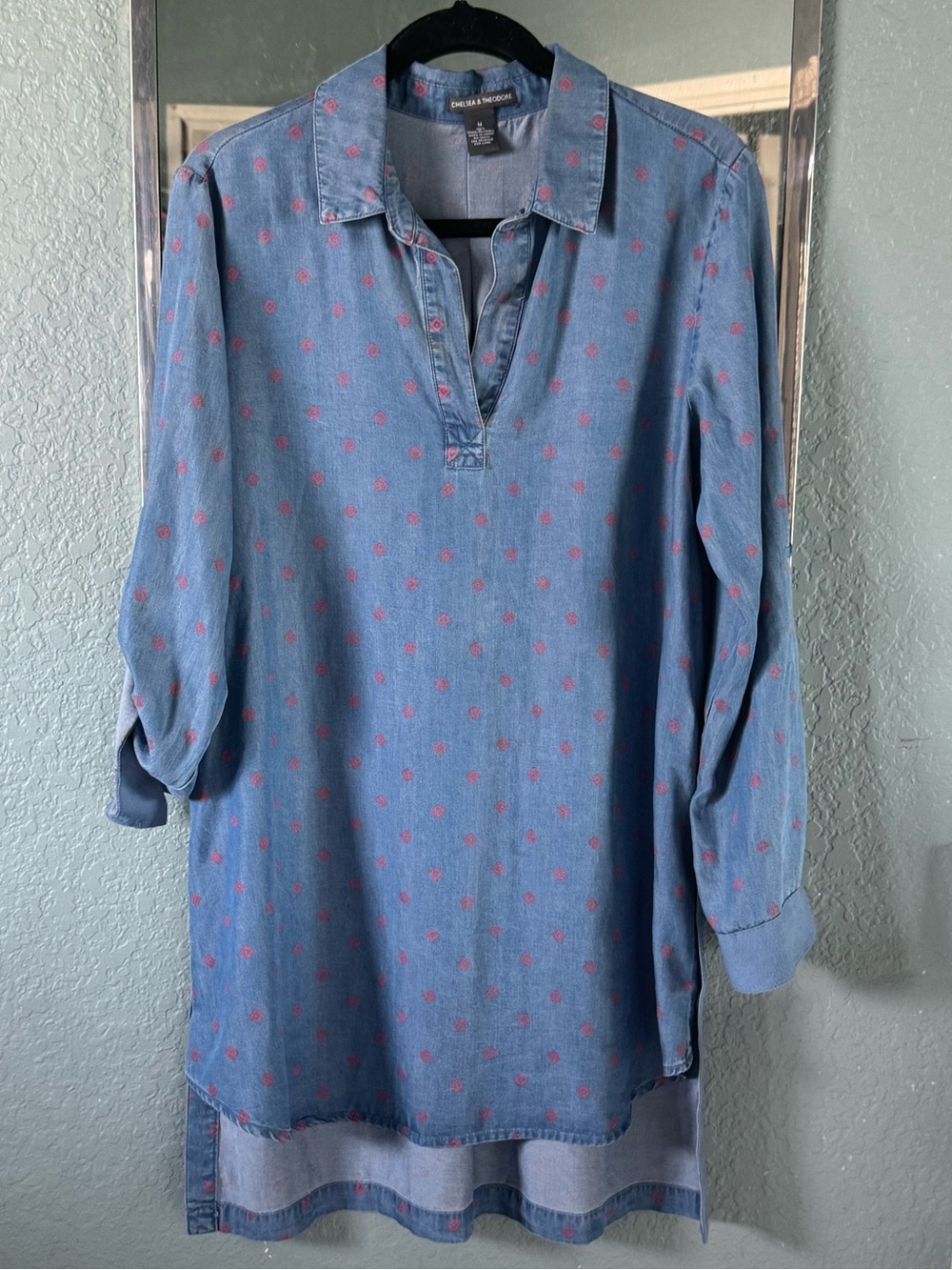 Chelsea & Theodore Popover Chambray Tunic with Pink Boho Print Size Medium